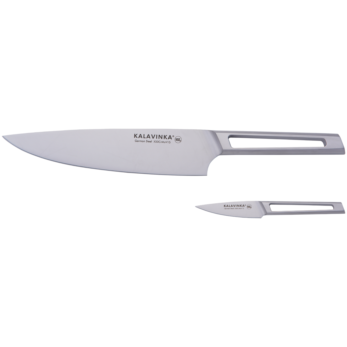 Image of two stainless steel kitchen knives with ergonomic, hollow handles. The larger knife, part of the VENDANA Series 2-Piece Essentials Knife Set, is an 8-inch chef's knife with a broad blade marked "KALAVINKA German Steel 8CrMoV18." The smaller knife is a 3.5-inch paring knife that also bears the "KALAVINKA" brand marking. Both high-carbon steel knives feature a sleek, modern design.