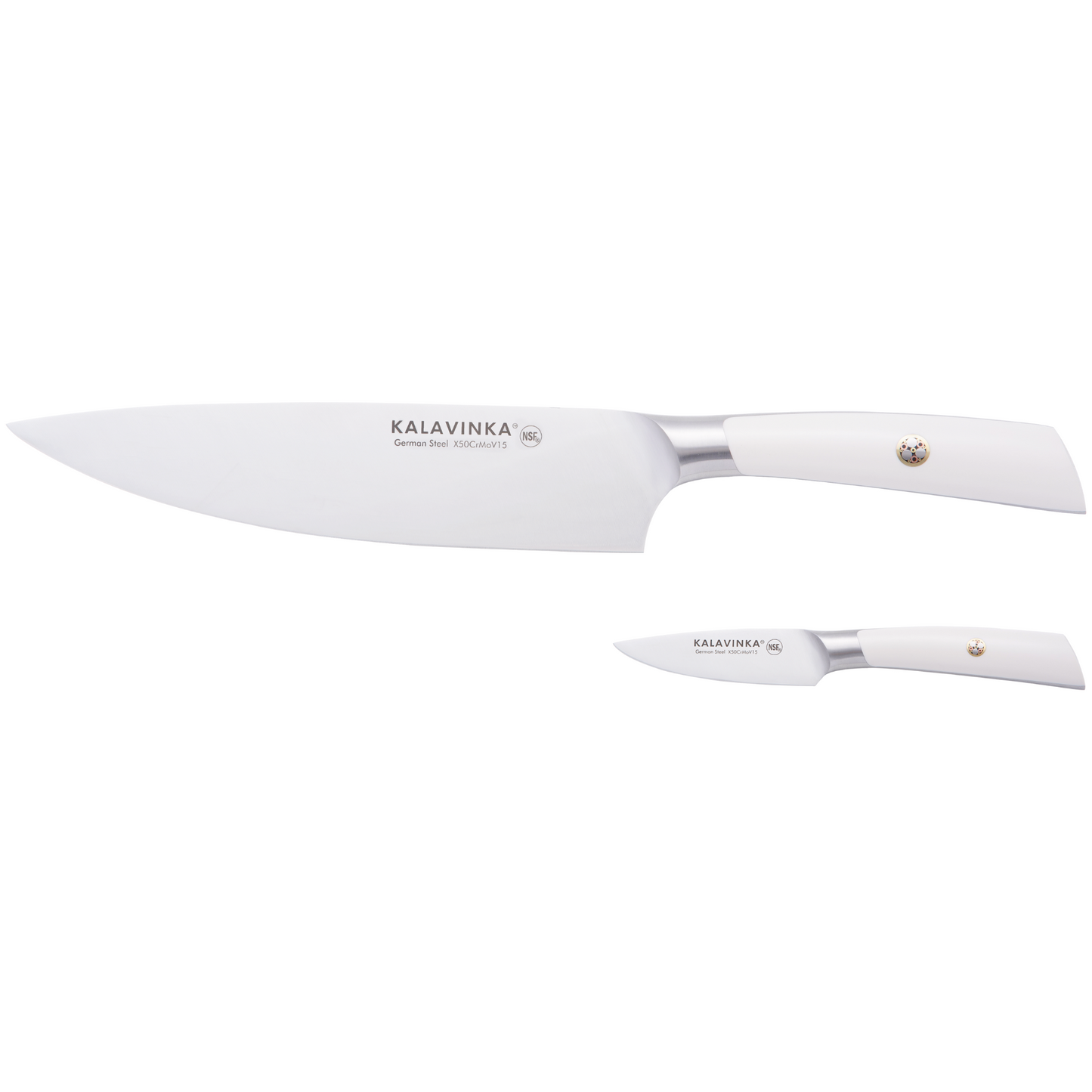 Two-piece knife set on white background: Chef's knife and paring knife, full tang, razor sharp German steel, NSF certified.