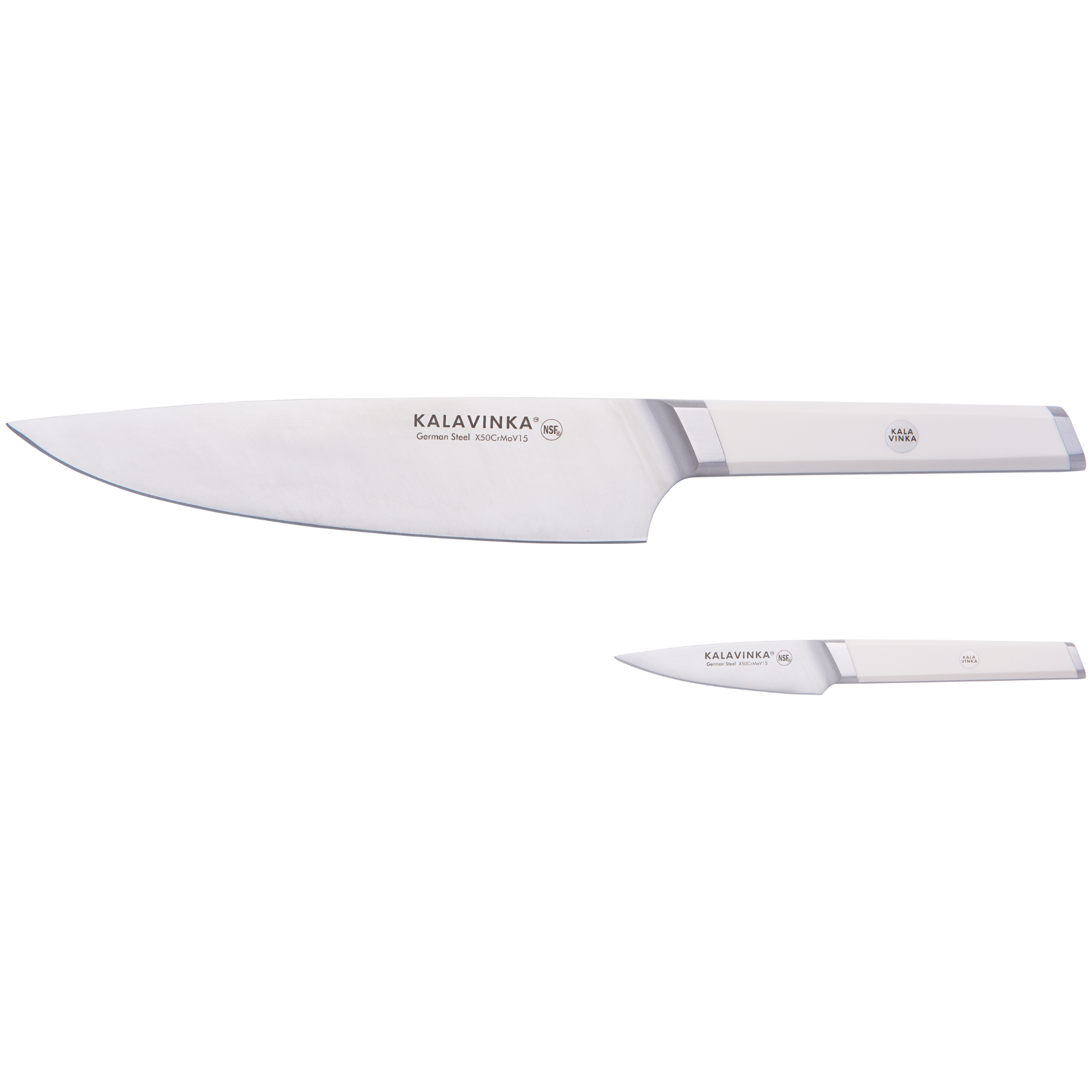 Two-piece knife set on white background: Chef's knife and paring knife, full tang, razor sharp German steel, NSF certified.